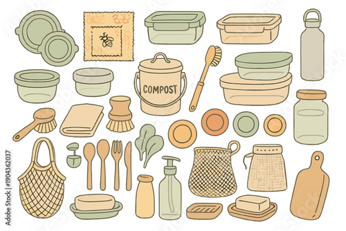 Various kitchen items and compost container arranged on a flat surface in a simple layout during daylight hours