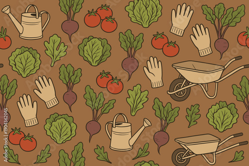 Garden tools and vegetables spread across a brown background with hand-drawn style