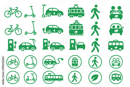 Icons of various green transportation options including bikes, scooters, cars, and walking symbols displayed on a white background