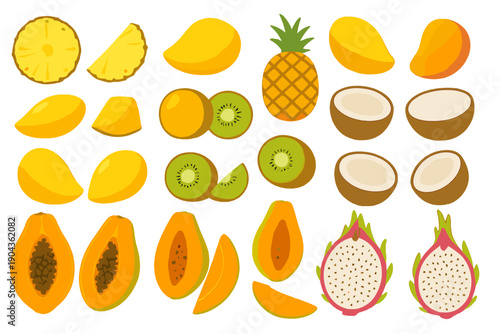 Different types of yellow and tropical fruits arranged in a grid on a white background for a colorful display of nature's produce