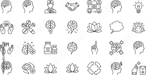 Mental health and brain therapy outline icon set with psychology, meditation, treatment and neurological wellness symbols isolated on white background vector collection