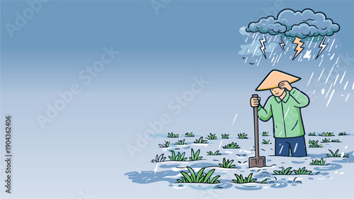 Farmer Working in Extreme Weather Conditions During Heavy Rain Illustration	
