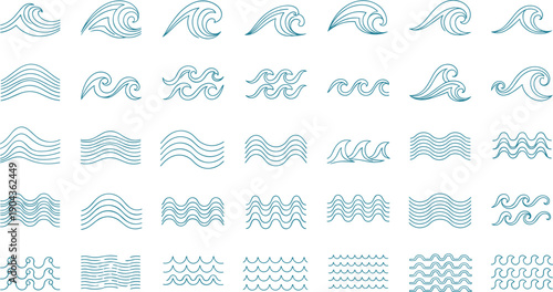 Ocean wave and water line icon set with sea, surf and flowing liquid symbols isolated on white background for marine and nature design vector collection
