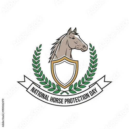Illustrative emblem featuring a majestic horse head, a protective shield, and a laurel wreath, symbolizing animal welfare and equine advocacy