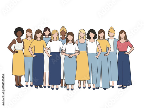 Diverse group of women standing together depicted in a simple illustrative style
