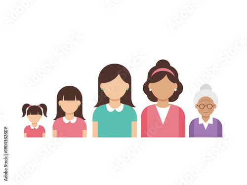 Four female figures showing different stages of life progression