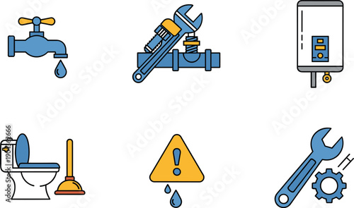 Plumbing and water service icon set with pipe repair, leakage warning, toilet maintenance and heating system symbols isolated on white background vector collection