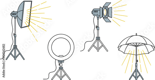 Professional Studio Lighting Equipment Icon Set Featuring Softbox, Ring Light, Spotlight And Umbrella Light For Photography And Video Production