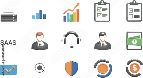 SaaS business analytics icon set with dashboard, growth chart, checklist, customer support, security shield and finance symbols vector collection