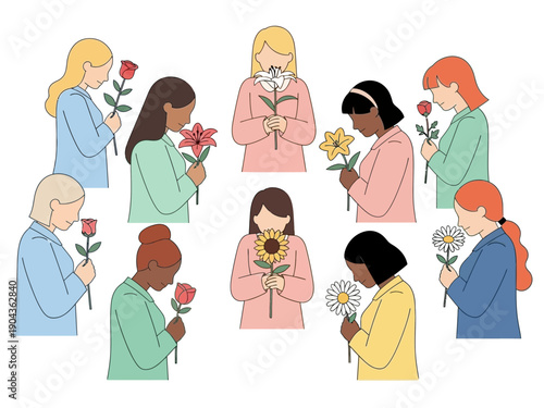 Ten diverse women smelling various types of flowers in a white space