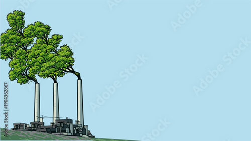 Green Industry Transformation Concept – Factory Chimneys Turning into Trees, Sustainable Manufacturing, Carbon Neutral, ESG and Climate Change Illustration