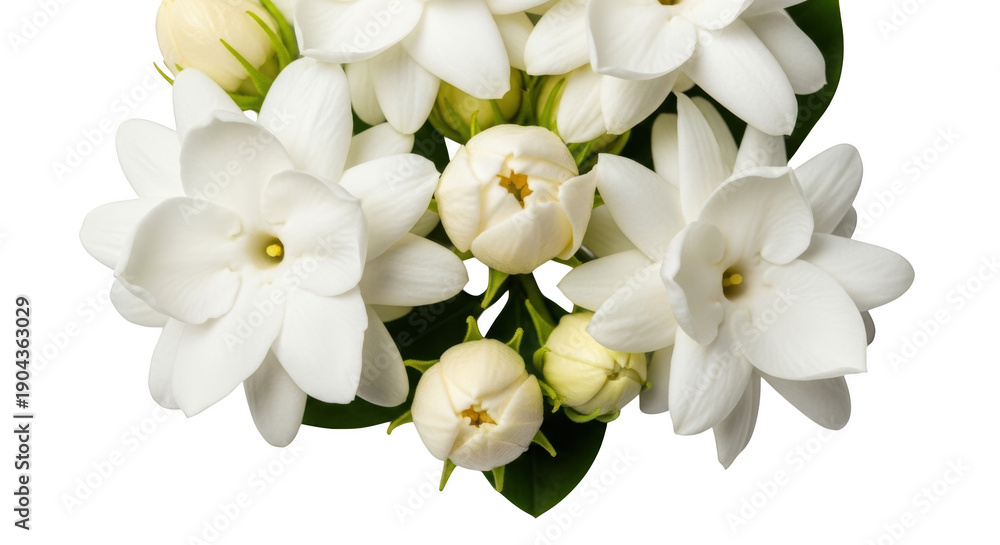 Obraz premium Beautiful fresh white jasmine flower arrangement with buds close up isolated on transparent background