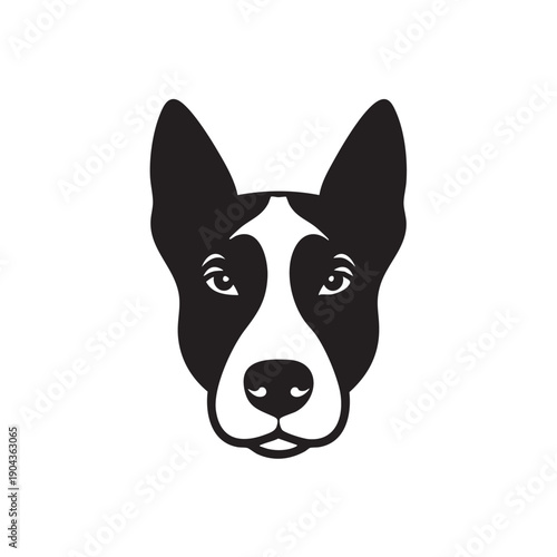 Minimalist graphic illustration of a black and white Border Collie dog face, simple, clean, modern, with distinctive markings and alert ears, isolated on white background, representing loyalty and int