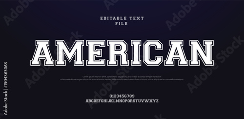 American college classic font. Vintage sports font in American style for T-shirt designs for football, baseball, and basketball teams. College, school and varsity style font, tackle twill. Vector
