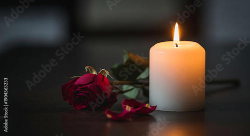 Flickering memorial candle flame burning beside a wilted dried flower on a dark somber surface symbolizing mourning grief sadness and wrongful death loss in memory of a deceased person