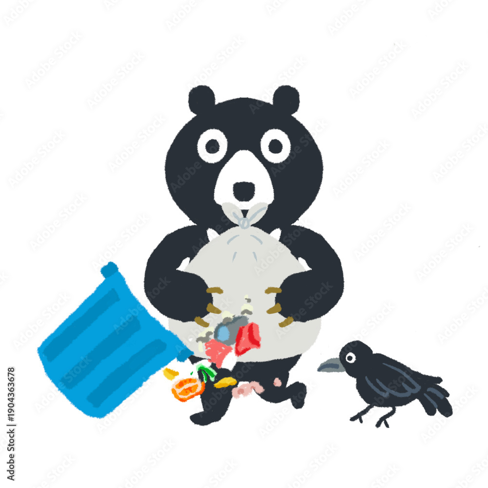 Naklejka premium Bear and Crow Rummaging in Trash Can Illustration | Wildlife Damage Warning