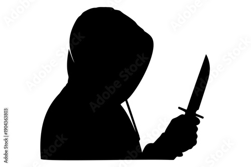 Black silhouette of hooded criminal holding a knife vector