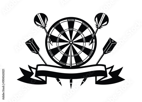 A classic dartboard with darts and an empty banner is framed by two additional crossed arrows.
