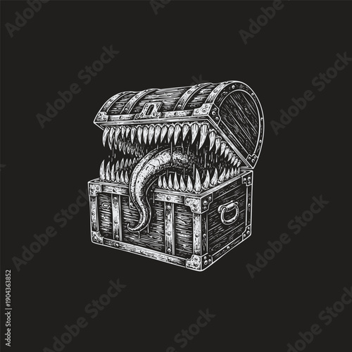 Fantasy monster mimic treasure chest with sharp teeth and long tongue in engraving style