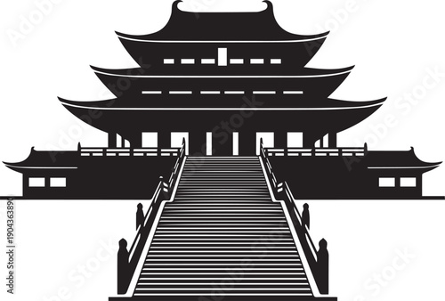 Ancient asian temple silhouette vector illustration pagoda stairs architecture line art design
