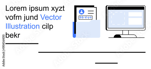 Office organization, digital record-keeping, identity verification, online workspaces, information security, paperless systems. Folder with ID file and desktop screen. Organization and identity