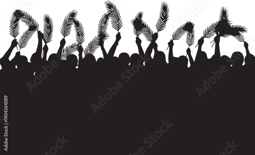 Crowd holding palm branches silhouette vector illustration people celebrating line art background