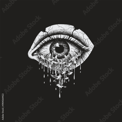 Surreal human eye crying tears of small birds in detailed black and white engraving style.