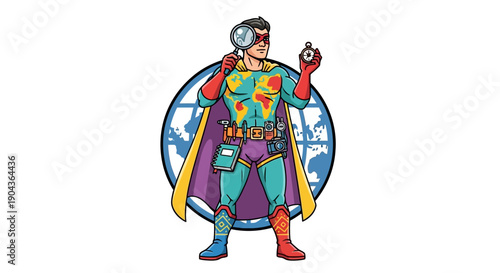 Action Hero Investigates Mystery with Magnifying Glass in Colorful Costume | Fun Illustration | Creative Art Environment