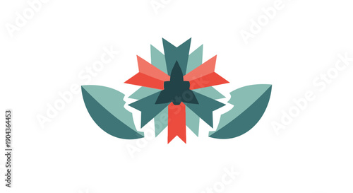 Modern geometric floral emblem featuring layered petals and symmetrical design inspired by mandala and lotus patterns. This colorful illustration represents balance, harmony, and spiritual growth. Per
