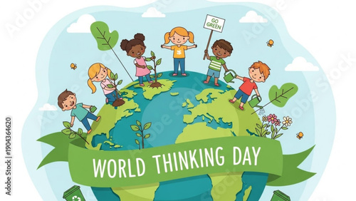 Children celebrating world thinking day on globe with green banner