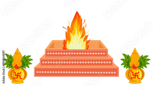 Traditional Indian Wedding Ceremony Illustration with Sacred Fire and Kalash, Hindu Marriage Ritual, Vedic Vivah Sanskar, Cultural Religious Celebration Design