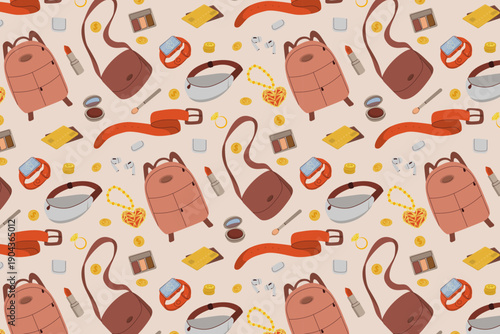 Vector illustration showcasing a seamless pattern of colorful fashion accessories including bags, makeup, and jewelry. Ideal for design projects, textiles, or branding materials.