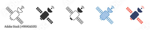Collection of Modern Satellite Icons in Diverse Styles Illustrating Global Communication, Space Technology, and Data Transmission Services