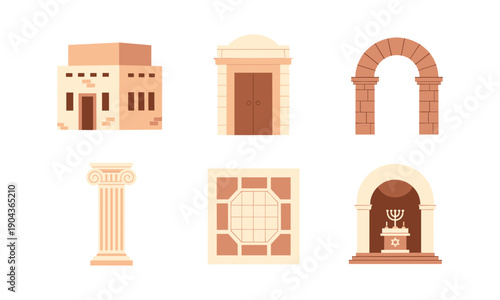 Ancient buildings and Jewish symbols menorah arch column illustration