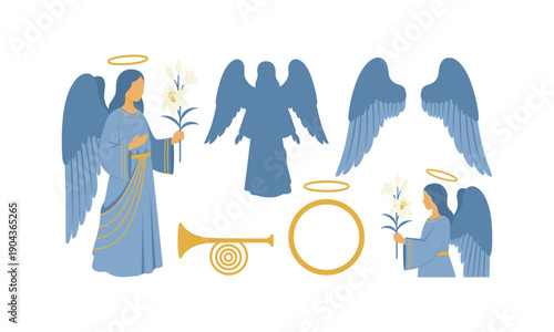 Angel figures wings and trumpet symbols for faith and worship vector illustration