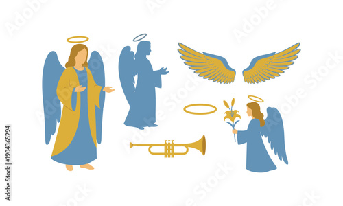 Angel flat style vector illustration set. religious heavenly being with wings trumpet