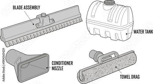 Diagram illustrates individual components of a floor scrubbing machine including a water tank and blade assembly.