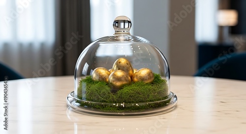 Golden Easter Eggs under Glass Dome on Moss