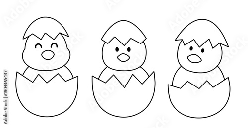 Chick Sitting in Eggshells  Outline Set.
Cute Spring Easter Chick Coloring Pages and Templates.
White background. SVG.