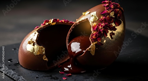 Luxury Chocolate Easter Egg Melting with Rose Petals & Gold