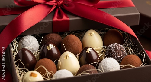 Luxury Chocolate Gift Box with Red Ribbon and Gold Leaf