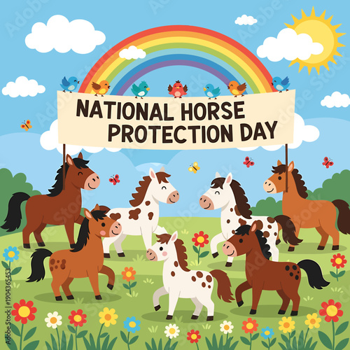 Joyful illustration of cartoon horses celebrating animal welfare and protection, gathered in a vibrant meadow under a bright rainbow banner