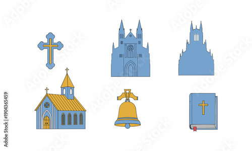 Christian church vector symbols set with cathedral bible cross bell chapel illustration