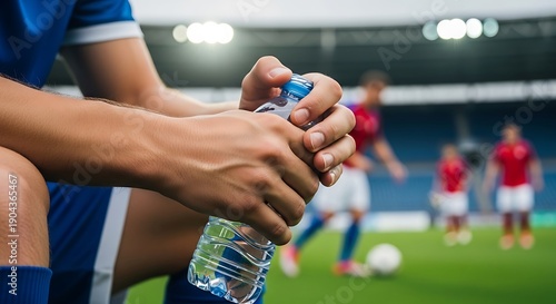 Soccer Player Resting with Water Bottle on Stadium Field