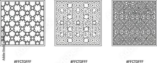 Three intricate geometric pattern samples display interlocking tessellation designs suitable for background textures.