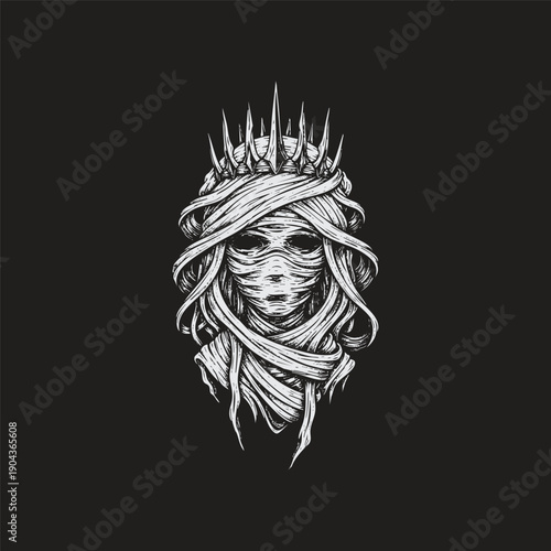 Vintage woodcut engraving of a mystical mummy queen head wearing a sharp crown with bandages in dark gothic horror style