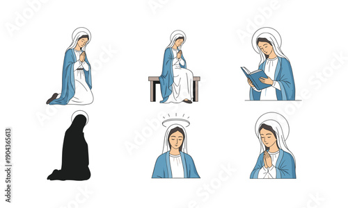 Mary mother of jesus flat style vector illustration set. young woman praying line art