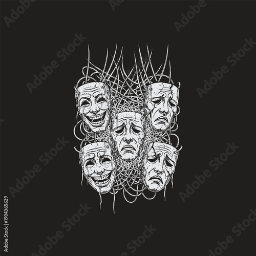 Vintage engraving illustration of multiple theater masks with happy and sad expressions tangled in wires in dark woodcut style