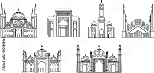 A collection of diverse mosque architectural outlines displays various styles of Islamic religious buildings.