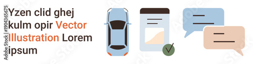 Automotive services, app design, communication, interface design, chat support, mobile technology. A car, app screen checkmark and chat icons. Automotive services and app design concepts